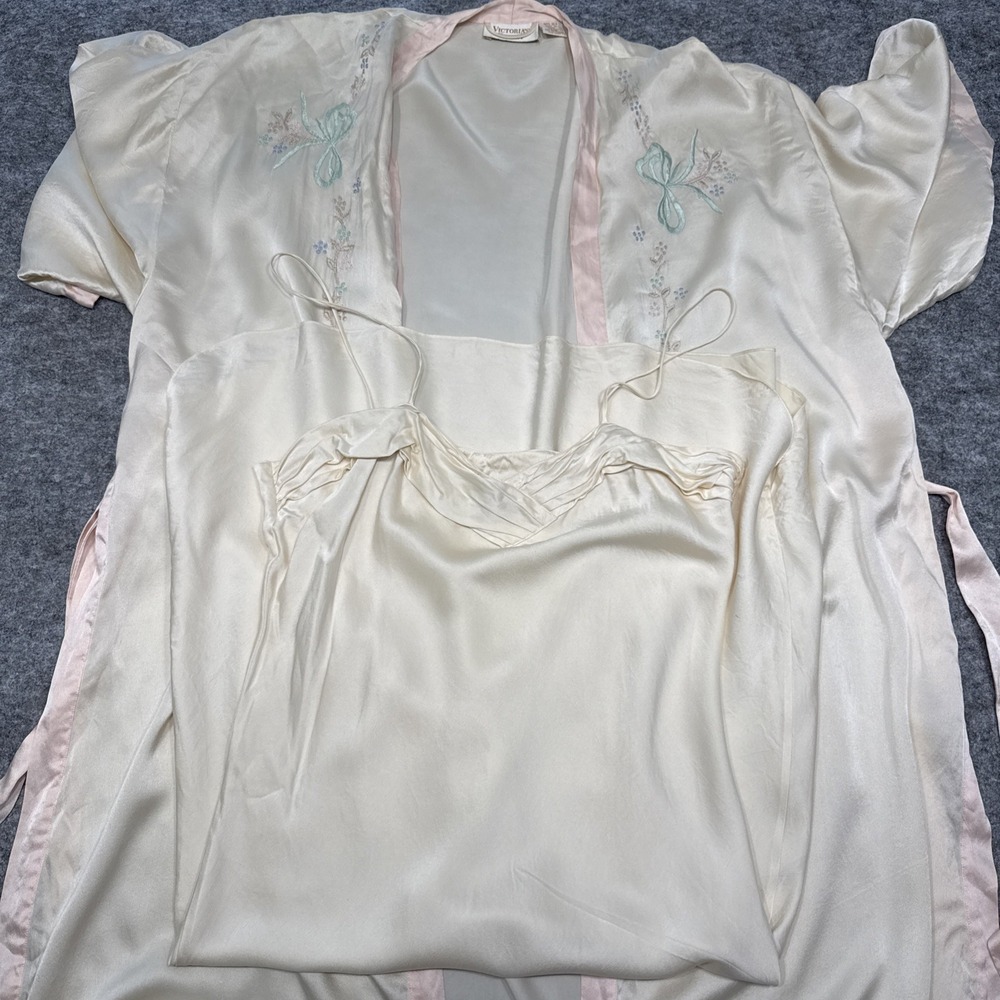 Vintage Victorias Secret silk robe slip dress set large embroidered coquette